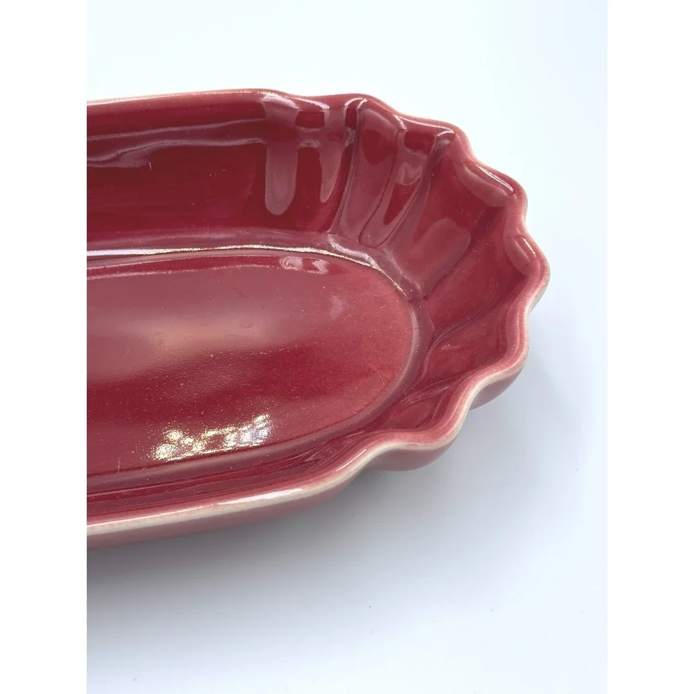 Deltis Stoneware Burgundy Red Scalloped Glazed Oval Serving Bowl Dish Portugal
